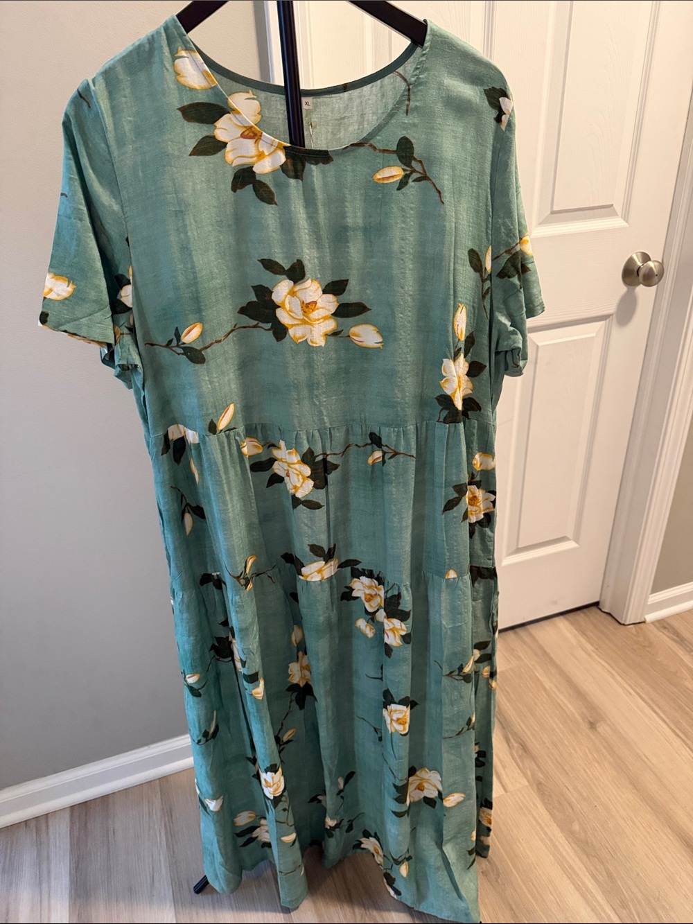Teal Green Floral Maxi Dress with Short Sleeves